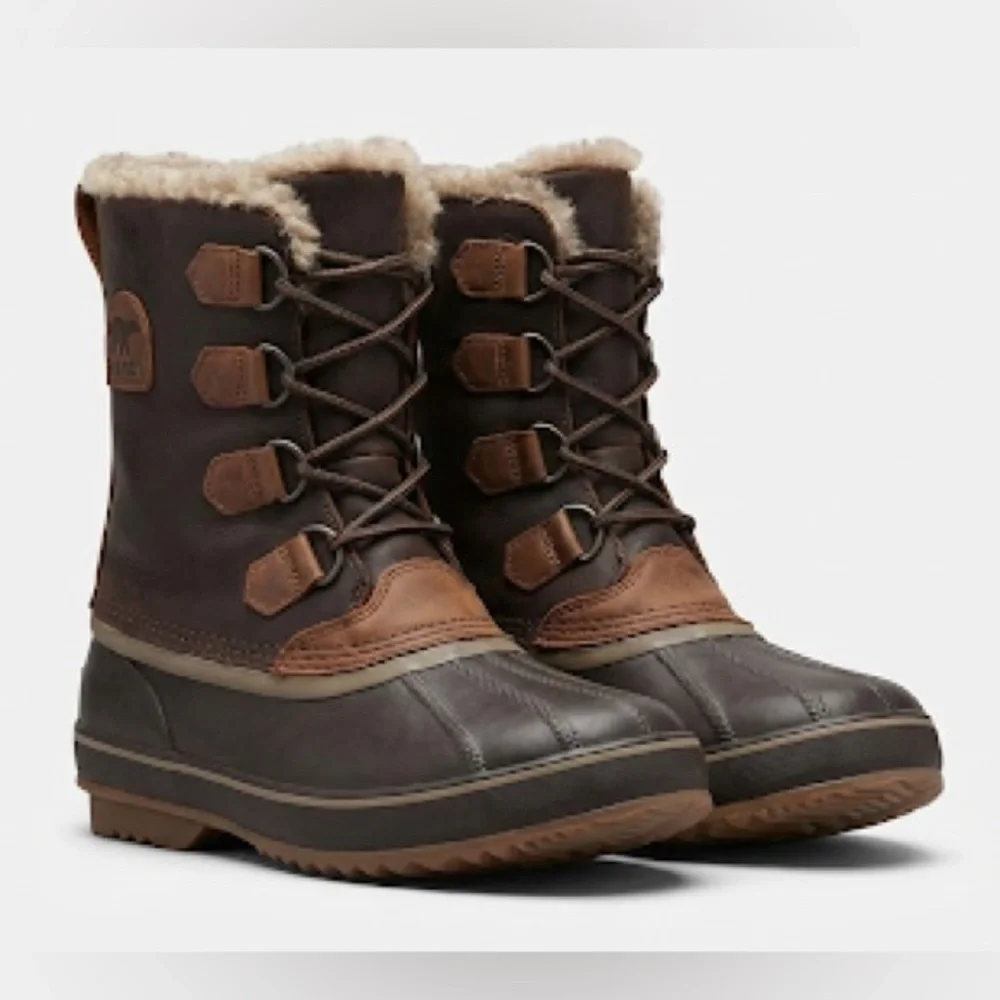 Sorel Winter Duck Boots Heeled Waterproof Lace Up Brown Black 8